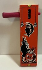 VINTAGE KIRCHHOF TIN LITHO HALLOWEEN RATCHET NOISEMAKER WITCH OWL MOON 4 1/2” picture
