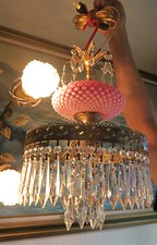 Lamp Vintage Chandelier SWAG Fenton hobnail Opalescent Cranberry brass Glass old picture