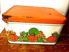 Vintage MCM Mushroom METAL BREAD BOX White Orange Lid Kitchen Storage RUSTIC picture