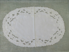 Vintage Oval SPAIN Embroidered Floral Linen Table / Dresser Topper New picture