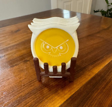 Vtg Owl Coasters 5 Plastic With Stand 70's Yellow/White READ DESCRIPTION picture