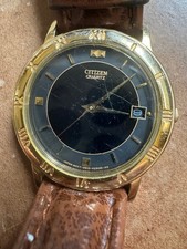 Vintage Citizen Quartz 5510 Black Dial Gold Tone Roman Bezel Date Watch – Japan picture