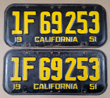 1951 California CA License Plates Pair 1F69253 Patina Vintage Black & Yellow 51 picture