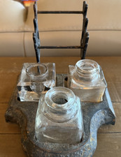 Antique Victorian Eastlake Style Triple Inkwell w/ Pen Holders picture