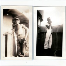 ID'd x2 LOT c1940s E Frankfort IL US Navy Sailors Ship Deck Shirtless Photo Vtg picture