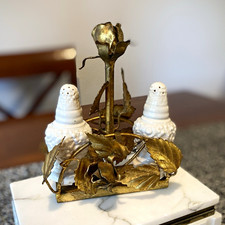 Vintage Italian Gold Gilt Toleware Shaker Caddy With Porcelain Shakers picture