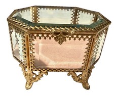 Nicole Miller Octagonal Beveled Glass Jewelry Box Brass Color Filigree Feet 3x5” picture