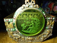 Vintage Ormolu Intagio Cupid and Psyche Green Glass Trinket Basket picture
