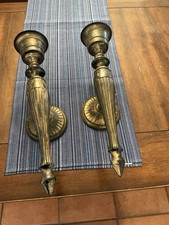 2 Antique Brass Torch Wall Sconce Candle Holders 16” picture