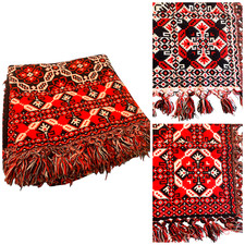 Vtg Welsh Style Wool Reversible Blanket Fringed Tapestry 82x88 Black Red READ picture