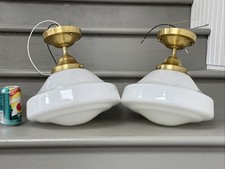 PAIR RESTORED Antique Vtg Schoolhouse Ceiling Lights Semi Flush Deco MCM Brass picture