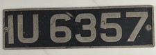 1940-50’s British Embossed License Plate IU 6357 made by Homo Hygrade 18” x 5” picture
