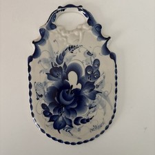 Russian Gzhel Signed Blue White Hand Painted Floral Ceramic Cheese Plate picture