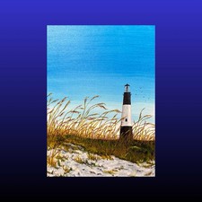 ACEO ATC Original Painting PRINT, Tybee Island Lighthouse Beach Grass Dunes View picture