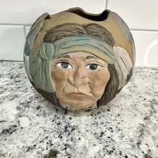 Vintage Native American Bowl/ceramic Handpainted Planter 4” Tall 6” Wide picture