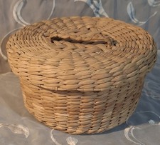 Round Woven Palm Leaf Storage Basket w/ Lid, Natural Brown, 9 in x 4 in, Mexico picture