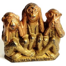 ORIGINAL Antique A.C. Williams Three Wise Monkeys Cast Iron Still Bank Patina picture