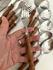 LOT of 41 Vtg Round WOOD Stainless Steel OLD HOMESTEAD Flatware TAIWAN Wooden picture