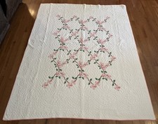 Vintage Pink & White Dogwood Quilt Hand Appliqued & Quilted 71x86 Full picture