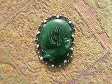 VINTAGE SIGNED ABRAHAM TOBIAS MEXICO LARGE STERLING CARVED JADE PORTRAIT BROOCH picture