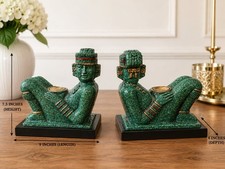 Pair of Vintage Chac Mool Aztec Warrior Figurine Candle Holders Green picture