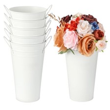 6 Pcs White Galvanized Metal Flower Bucket Vases 7.9 Inches with Handles Rustic picture
