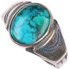 sz9.5 vintage Navajo sterling silver high grade turquoise stamped sides ring picture