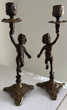 Lot of 2 Vintage Ornate Brass Cherub Candlestick Holders w/ Footed Base 9.5” EUC picture