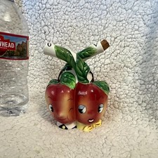 Vintage Japan 1950s Ceramic Anthropomorphic Apple Salt & Pepper Set w/ Cork picture