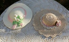 2 Vintage BURWOOD Wall Pocket HAT Bonnet FLOWERS Plaque USA Crochet 1985 picture