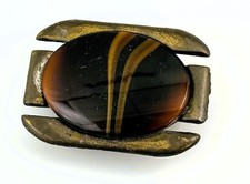 Vtg Belt Buckle Sculptural Brass Gold Tone Oval Cabochon Brown Stone Brutalist picture