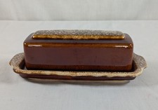 VTG Hull Pottery Butter Stick Dish w/Lid  DARK Brown Drip Glaze Oven Proof USA picture