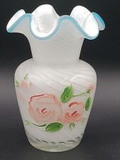 Vintage Vase White Optic Swirl Aqua Crest Hand Painted Roses Teleflora EUC 6x4