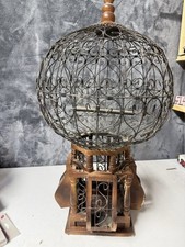Antique Vintage Victorian Balloon Bird Cage - Carved Wood and Scroll Wire picture