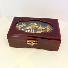 Vintage Chinese Lacquer Trinket Jewelry Box Panda Pagoda Red Satin 5