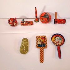 Vintage Lot - 8 Tin Litho Party Noisemakers- Halloween Witch Cat Ghost Clown NYE picture