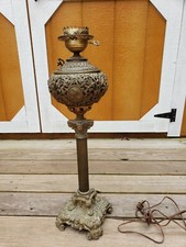 VINTAGE 1880's Brass Cherub & Victorian Ornate Electrified Oil Lamp Light Works picture