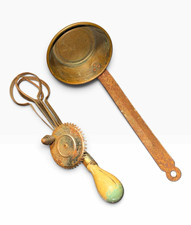 Vintage Antique 2 Pc Lot Hand Crank Egg Beater Mixer & Brass Jam Dipper Ladle picture