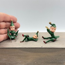 Vintage Miniature Elf Figurines Green Red Gold Pixie Trio 1950s 2in Retro Kitsch picture