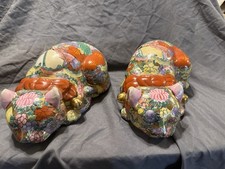 Pair Vintage Chinese Rose Medallion Porcelain Sleeping Cat Figurines 10 picture