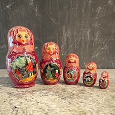 Vintage Signed Russian Nesting Doll 5pc Sergiev Posad Fisherman & Golden Fish picture