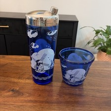 Vintage Hazel Atlas Glass Cobalt Blue Windmill Cocktail Shaker & Ice Bucket Set picture