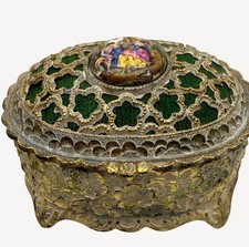 Vintage Musical Trinket Jewelry Box Mele Sankyo Gold Filigree Green Velvet Japan picture