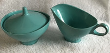 Mid Century Boonton N.J. USA Vintage Teal Cream & Sugar Durable Melamine Plastic picture