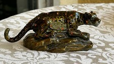 RUCINNI ENAMELED LEOPARD TRINKET BOX WITH AMBER AND GREEN SWAROVSKI CRYSTALS VTG picture
