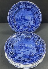 Antique Clews Warranted Staffordshire 8.75” Pekin Cobalt Blue Transferware Set 6 picture