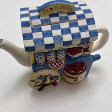 Lotus Vintage 1995 Ceramic JAm'n Jelly  vendor cart Teapot Small  blue white picture