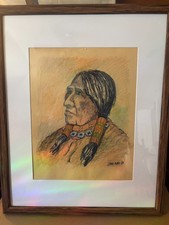 Original Native American Pastel Portrait 1973 Signed Dave Funk Framed Art Texas picture