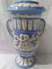 Vintage Vase Blue Ceramic White Embossed Cherubs Double Handles Victorian~Japan picture