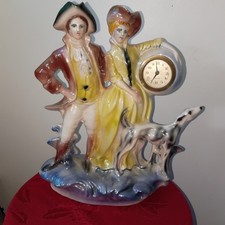 Vtg. Italy Porcelain Clock Figure Man/ Woman / Wolfhound picture